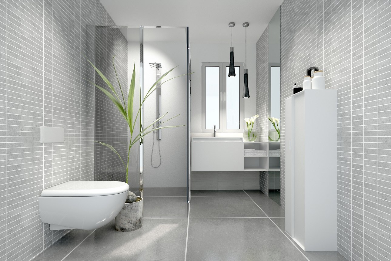 Salle de bains avec revêtement carrelé, baignoire et lavabo